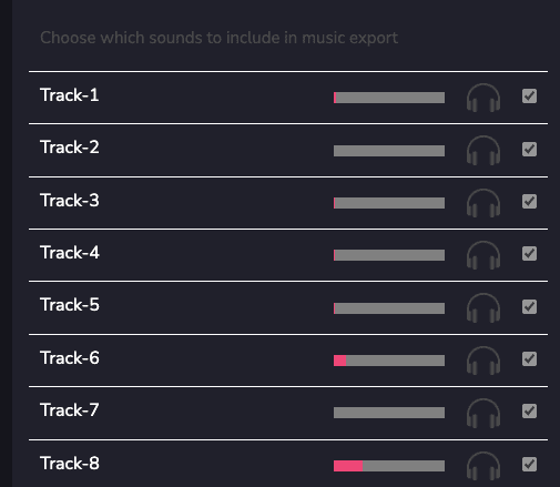 Screenshot from the Filmstro app, viewing the list of audio stems
